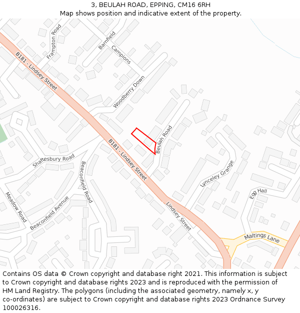 3, BEULAH ROAD, EPPING, CM16 6RH: Location map and indicative extent of plot