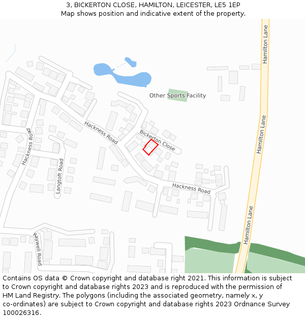 3, BICKERTON CLOSE, HAMILTON, LEICESTER, LE5 1EP: Location map and indicative extent of plot