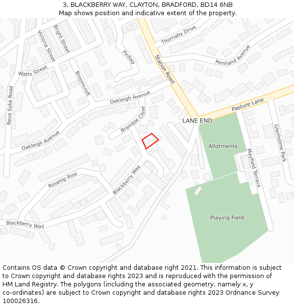 3, BLACKBERRY WAY, CLAYTON, BRADFORD, BD14 6NB: Location map and indicative extent of plot