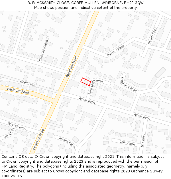 3, BLACKSMITH CLOSE, CORFE MULLEN, WIMBORNE, BH21 3QW: Location map and indicative extent of plot