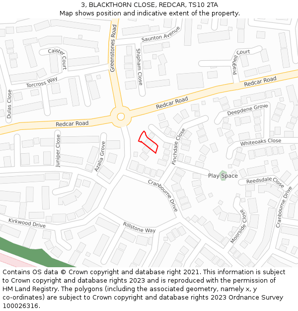 3, BLACKTHORN CLOSE, REDCAR, TS10 2TA: Location map and indicative extent of plot