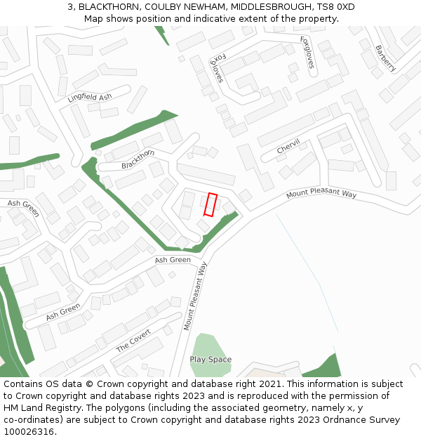 3, BLACKTHORN, COULBY NEWHAM, MIDDLESBROUGH, TS8 0XD: Location map and indicative extent of plot