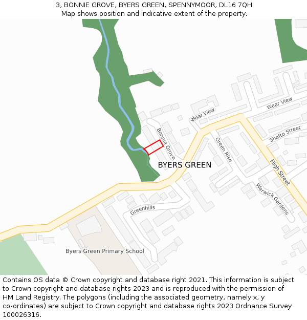 3, BONNIE GROVE, BYERS GREEN, SPENNYMOOR, DL16 7QH: Location map and indicative extent of plot