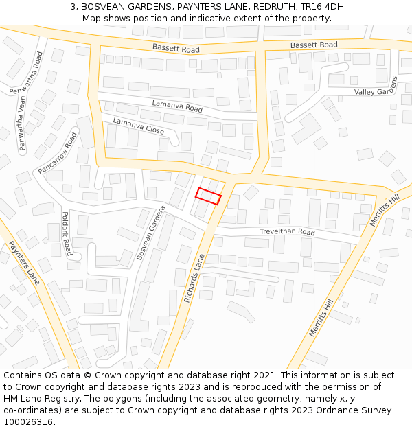 3, BOSVEAN GARDENS, PAYNTERS LANE, REDRUTH, TR16 4DH: Location map and indicative extent of plot