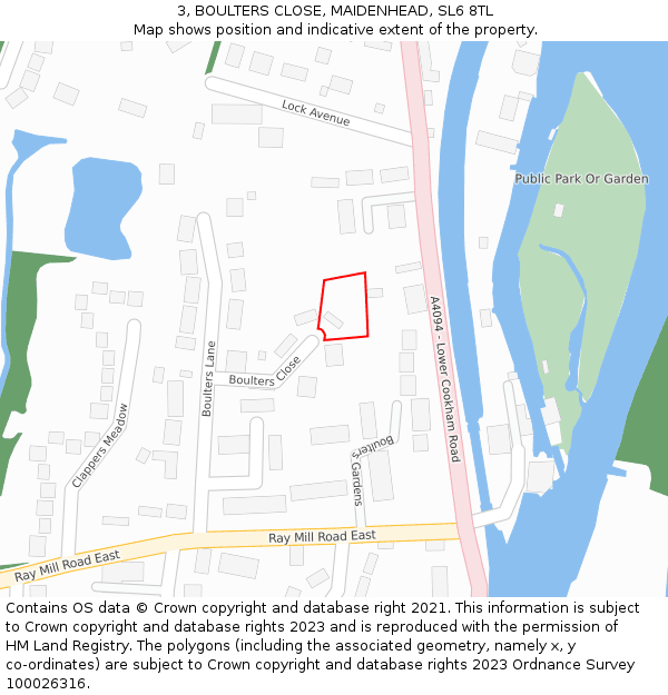 3, BOULTERS CLOSE, MAIDENHEAD, SL6 8TL: Location map and indicative extent of plot