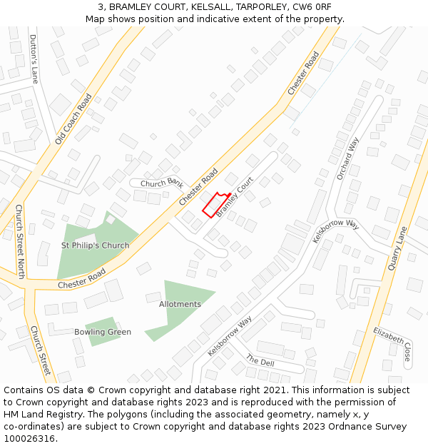 3, BRAMLEY COURT, KELSALL, TARPORLEY, CW6 0RF: Location map and indicative extent of plot