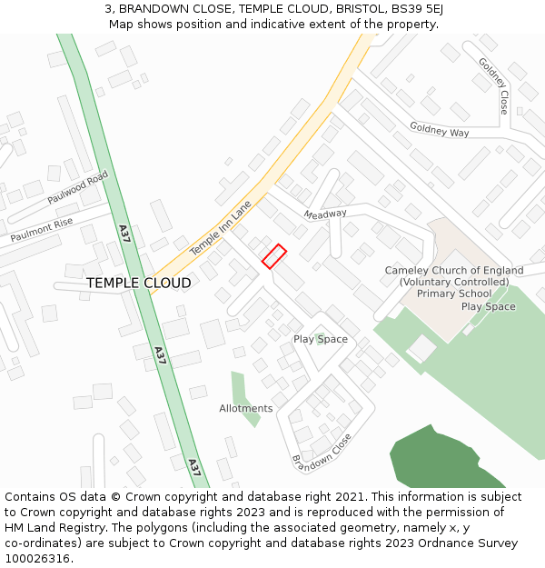 3, BRANDOWN CLOSE, TEMPLE CLOUD, BRISTOL, BS39 5EJ: Location map and indicative extent of plot