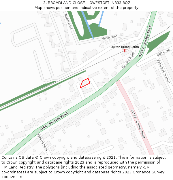 3, BROADLAND CLOSE, LOWESTOFT, NR33 8QZ: Location map and indicative extent of plot