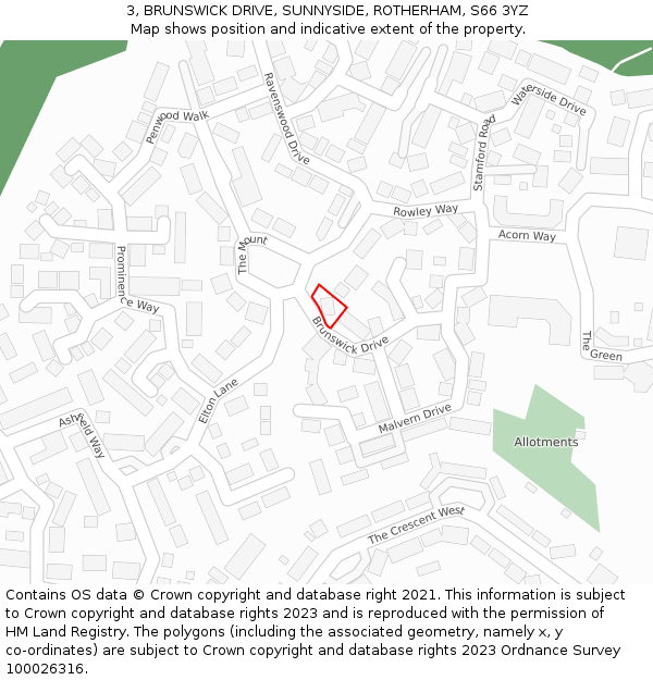 3, BRUNSWICK DRIVE, SUNNYSIDE, ROTHERHAM, S66 3YZ: Location map and indicative extent of plot