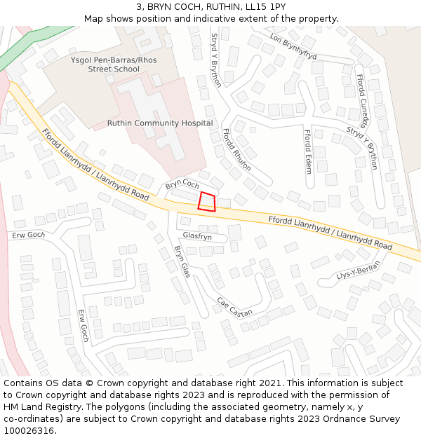 3, BRYN COCH, RUTHIN, LL15 1PY: Location map and indicative extent of plot