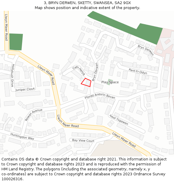 3, BRYN DERWEN, SKETTY, SWANSEA, SA2 9GX: Location map and indicative extent of plot