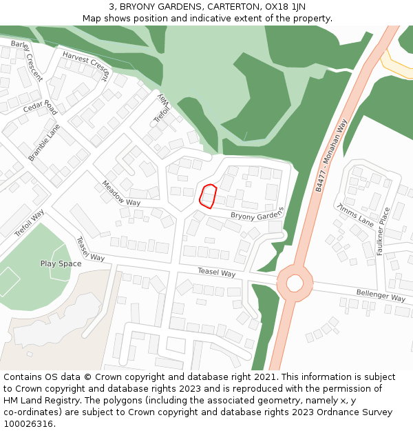 3, BRYONY GARDENS, CARTERTON, OX18 1JN: Location map and indicative extent of plot