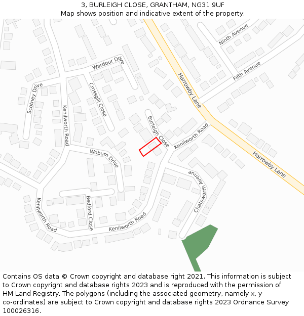 3, BURLEIGH CLOSE, GRANTHAM, NG31 9UF: Location map and indicative extent of plot