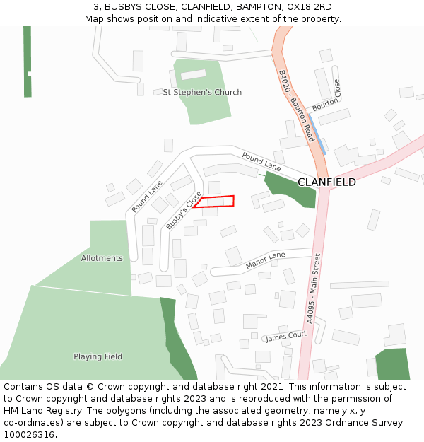 3, BUSBYS CLOSE, CLANFIELD, BAMPTON, OX18 2RD: Location map and indicative extent of plot