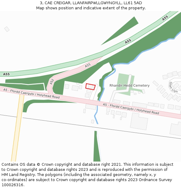 3, CAE CREIGAR, LLANFAIRPWLLGWYNGYLL, LL61 5AD: Location map and indicative extent of plot