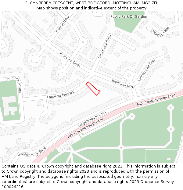 3, CANBERRA CRESCENT, WEST BRIDGFORD, NOTTINGHAM, NG2 7FL: Location map and indicative extent of plot