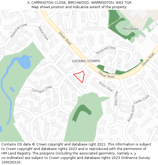 3, CARRINGTON CLOSE, BIRCHWOOD, WARRINGTON, WA3 7QA: Location map and indicative extent of plot