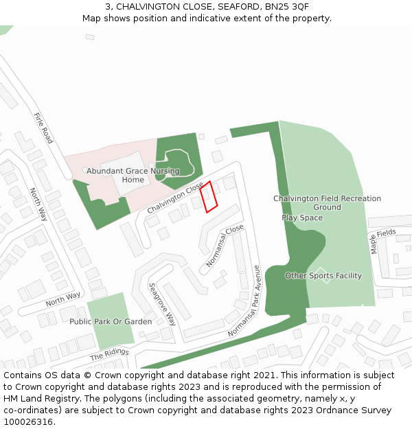 3, CHALVINGTON CLOSE, SEAFORD, BN25 3QF: Location map and indicative extent of plot