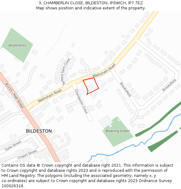 3, CHAMBERLIN CLOSE, BILDESTON, IPSWICH, IP7 7EZ: Location map and indicative extent of plot