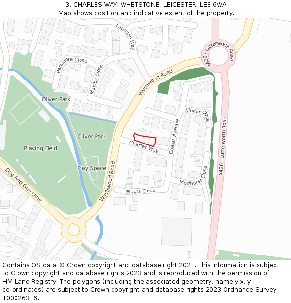 3, CHARLES WAY, WHETSTONE, LEICESTER, LE8 6WA: Location map and indicative extent of plot