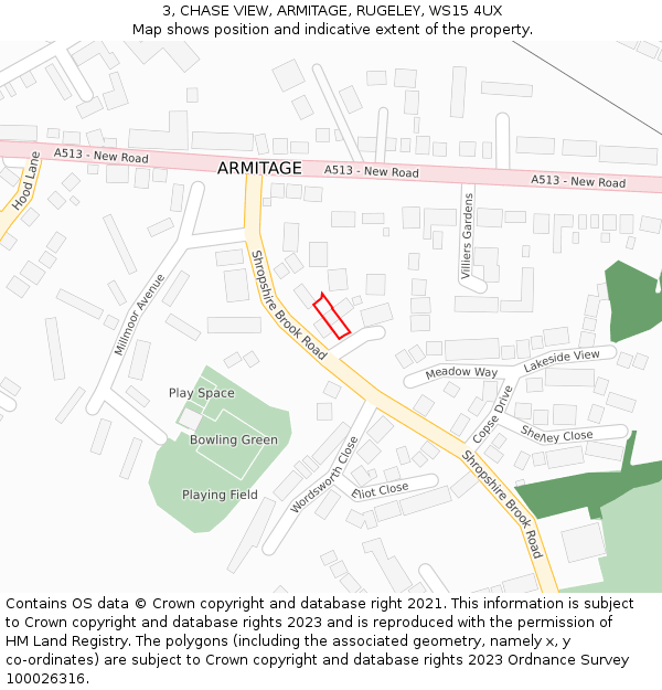 3, CHASE VIEW, ARMITAGE, RUGELEY, WS15 4UX: Location map and indicative extent of plot