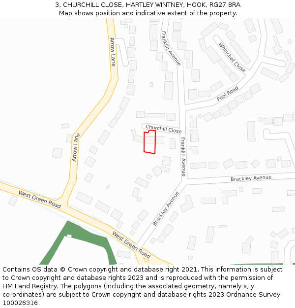 3, CHURCHILL CLOSE, HARTLEY WINTNEY, HOOK, RG27 8RA: Location map and indicative extent of plot