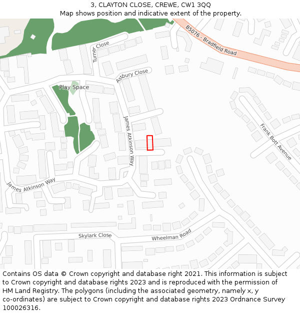 3, CLAYTON CLOSE, CREWE, CW1 3QQ: Location map and indicative extent of plot