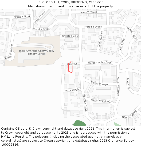 3, CLOS Y LILI, COITY, BRIDGEND, CF35 6GF: Location map and indicative extent of plot