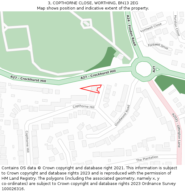 3, COPTHORNE CLOSE, WORTHING, BN13 2EG: Location map and indicative extent of plot