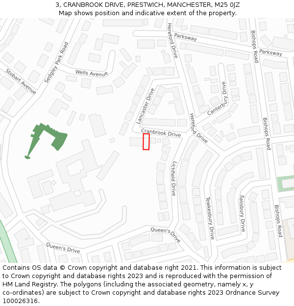 3, CRANBROOK DRIVE, PRESTWICH, MANCHESTER, M25 0JZ: Location map and indicative extent of plot