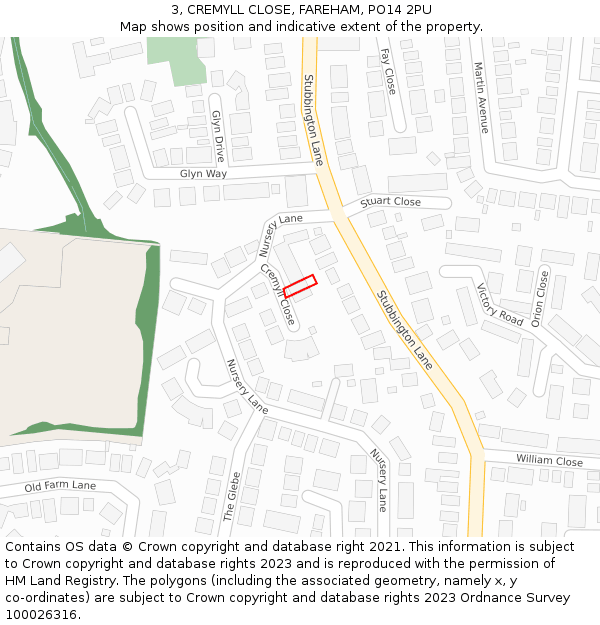 3, CREMYLL CLOSE, FAREHAM, PO14 2PU: Location map and indicative extent of plot