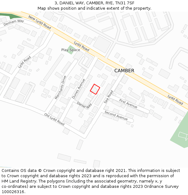 3, DANIEL WAY, CAMBER, RYE, TN31 7SF: Location map and indicative extent of plot