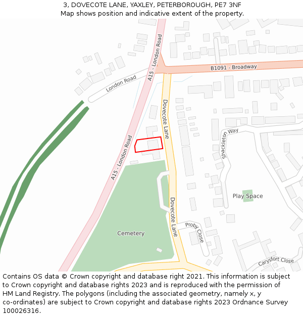 3, DOVECOTE LANE, YAXLEY, PETERBOROUGH, PE7 3NF: Location map and indicative extent of plot