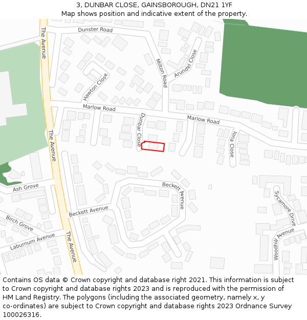 3, DUNBAR CLOSE, GAINSBOROUGH, DN21 1YF: Location map and indicative extent of plot