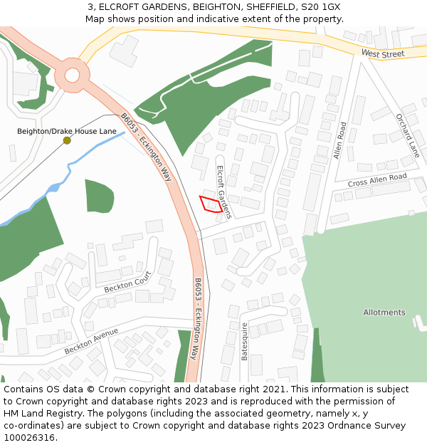 3, ELCROFT GARDENS, BEIGHTON, SHEFFIELD, S20 1GX: Location map and indicative extent of plot