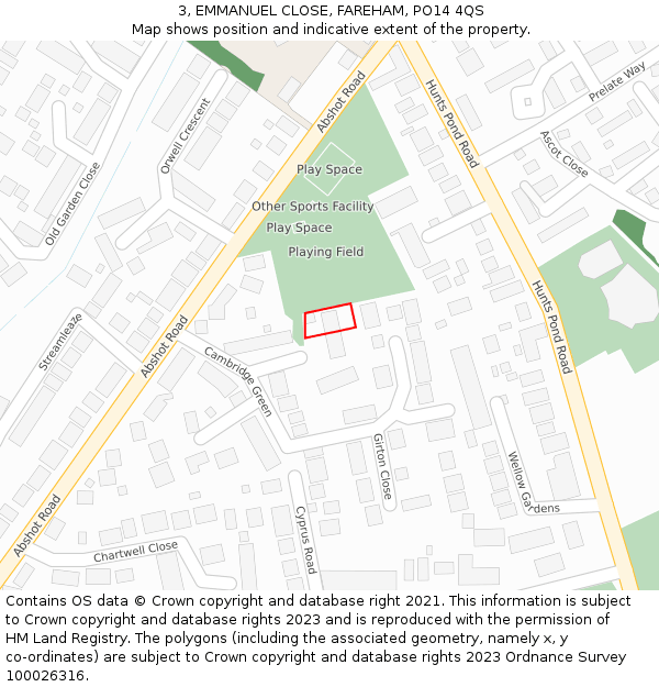 3, EMMANUEL CLOSE, FAREHAM, PO14 4QS: Location map and indicative extent of plot