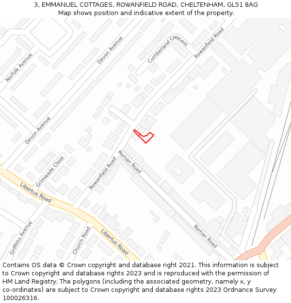 3, EMMANUEL COTTAGES, ROWANFIELD ROAD, CHELTENHAM, GL51 8AG: Location map and indicative extent of plot