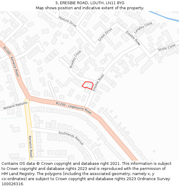 3, ERESBIE ROAD, LOUTH, LN11 8YG: Location map and indicative extent of plot