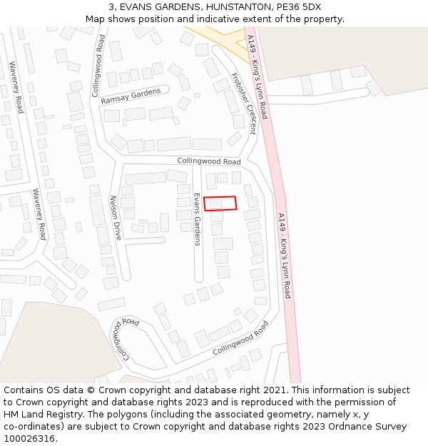 3, EVANS GARDENS, HUNSTANTON, PE36 5DX: Location map and indicative extent of plot