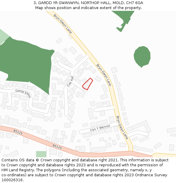 3, GARDD YR GWANWYN, NORTHOP HALL, MOLD, CH7 6GA: Location map and indicative extent of plot