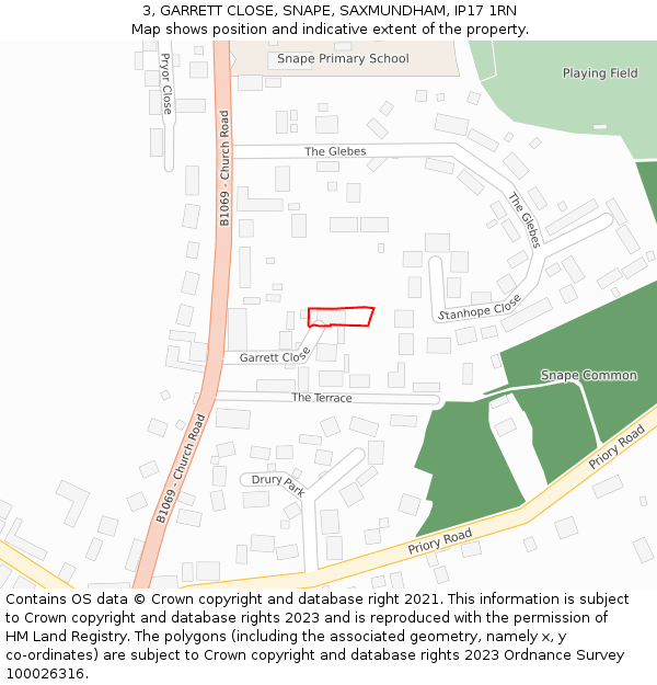 3, GARRETT CLOSE, SNAPE, SAXMUNDHAM, IP17 1RN: Location map and indicative extent of plot