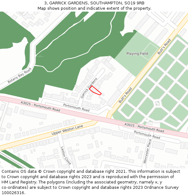 3, GARRICK GARDENS, SOUTHAMPTON, SO19 9RB: Location map and indicative extent of plot