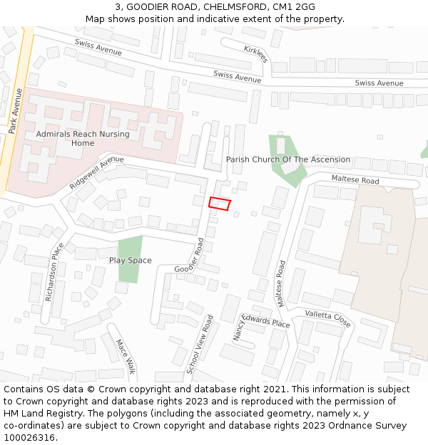 3, GOODIER ROAD, CHELMSFORD, CM1 2GG: Location map and indicative extent of plot