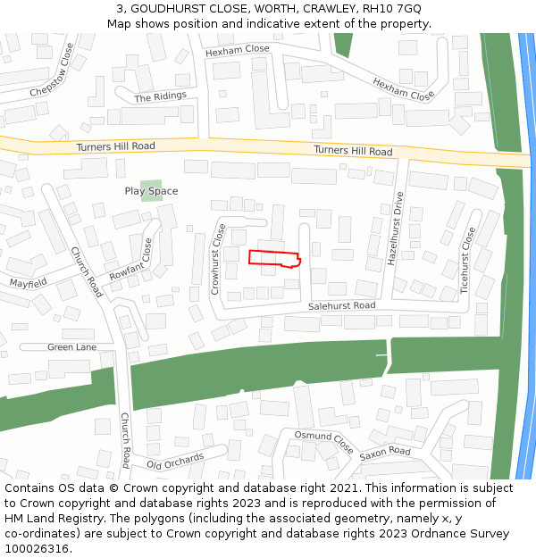 3, GOUDHURST CLOSE, WORTH, CRAWLEY, RH10 7GQ: Location map and indicative extent of plot