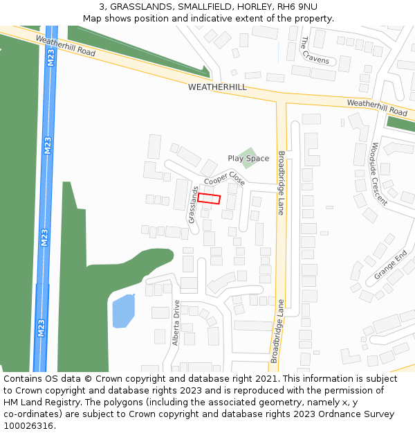 3, GRASSLANDS, SMALLFIELD, HORLEY, RH6 9NU: Location map and indicative extent of plot