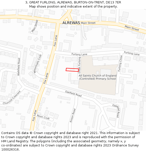 3, GREAT FURLONG, ALREWAS, BURTON-ON-TRENT, DE13 7ER: Location map and indicative extent of plot