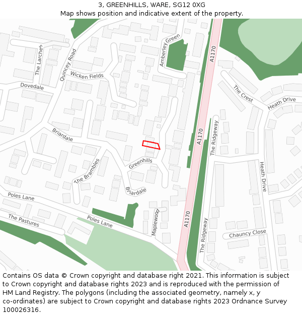 3, GREENHILLS, WARE, SG12 0XG: Location map and indicative extent of plot