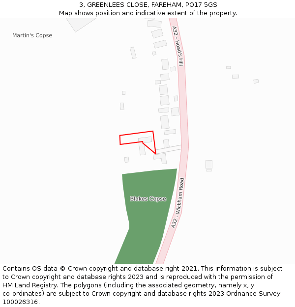 3, GREENLEES CLOSE, FAREHAM, PO17 5GS: Location map and indicative extent of plot