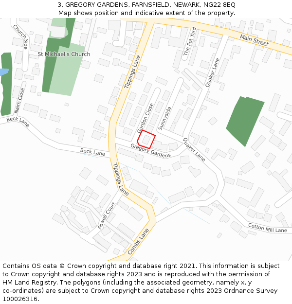 3, GREGORY GARDENS, FARNSFIELD, NEWARK, NG22 8EQ: Location map and indicative extent of plot