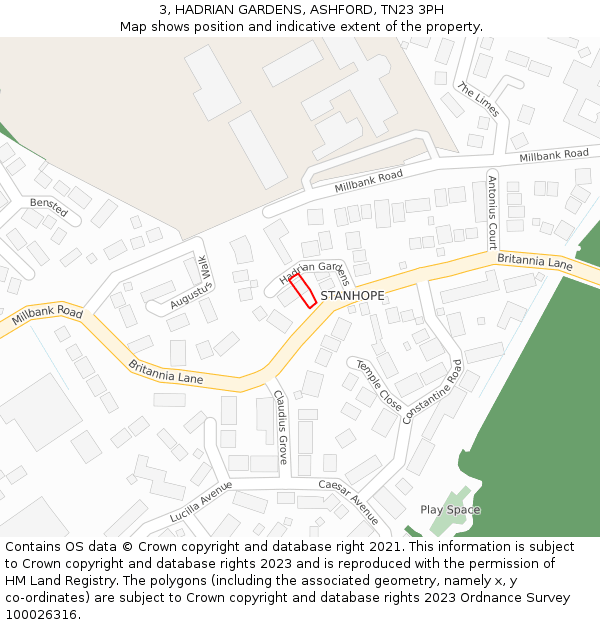 3, HADRIAN GARDENS, ASHFORD, TN23 3PH: Location map and indicative extent of plot